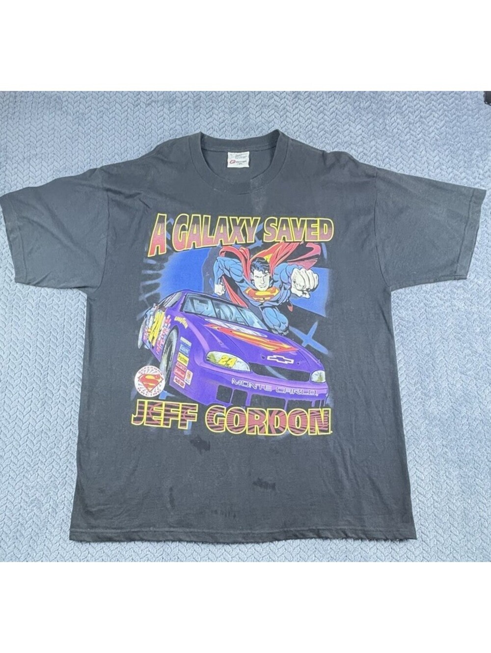 Vintage 1999 Jeff Gordon A Galaxy Saved Superman XL Black Nascar T Shirt 0134